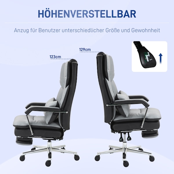 Kontorstol med vippefunktion, bæreevne 180 kg, ergonomisk, 160° vippelig ryglæn, imiteret læder, 63W x 71D x 123-129H cm, lysegrå