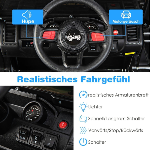 12V barns 2-sits elbil med fjärrkontroll & signalhorn & strålkastare Svart