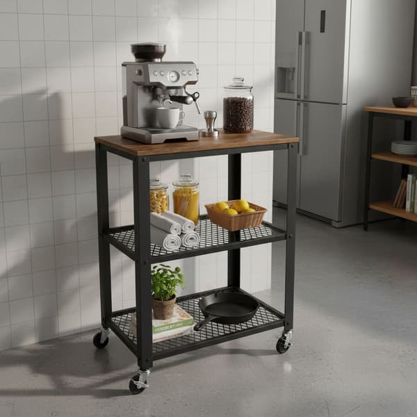 Köksvagn, 3 våningar, stålram, trähyllor