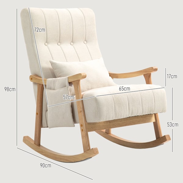 Gyngestol polstret gyngestol med lændepude sidelomme afslapningsstol træramme linned look til stue soveværelse beige