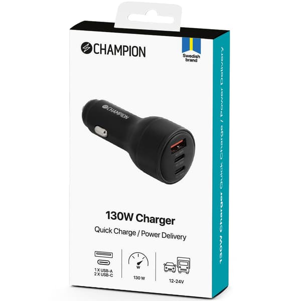 USB-oplader 130W, 3-ports QC/PD, sort