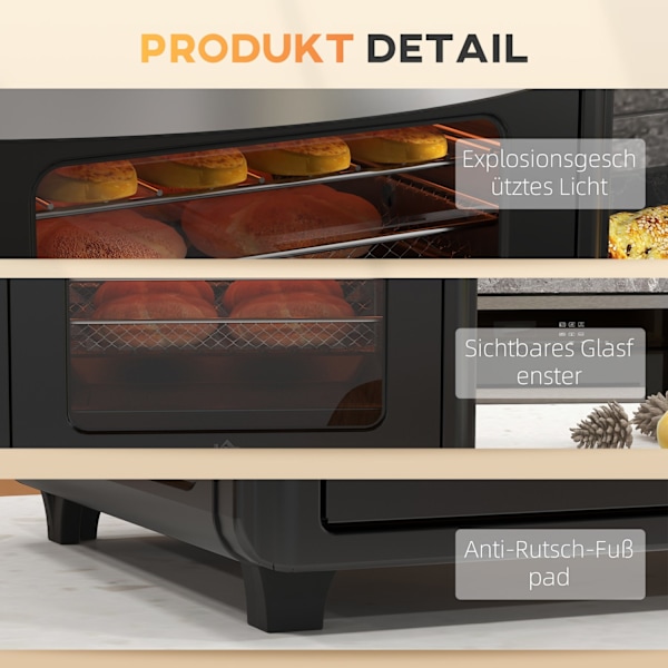 Miniugn med cirkulationsluft, 90°C-230°C, 30L, miniugn med bakplåt, grillgaller, smulplåt, varmluftsfritös med 7 lägen, frityrkorg