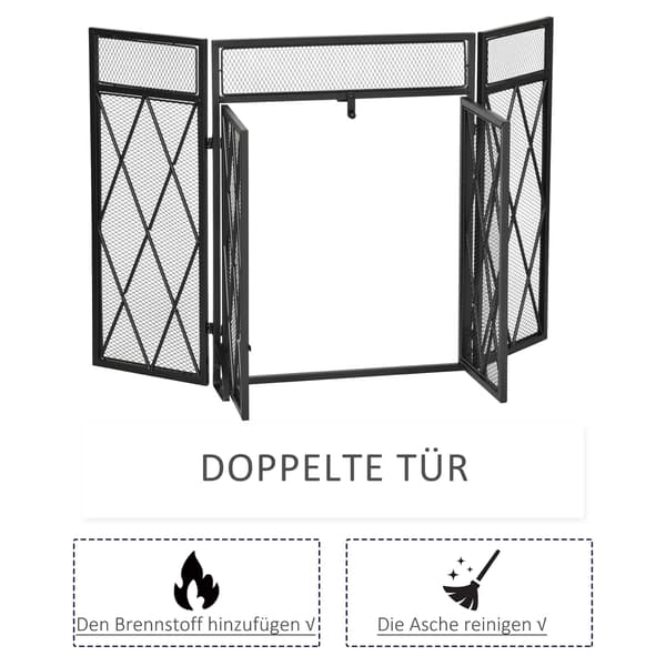 Pejseskærm, foldbar med 3 paneler, sort metal 120x79 cm