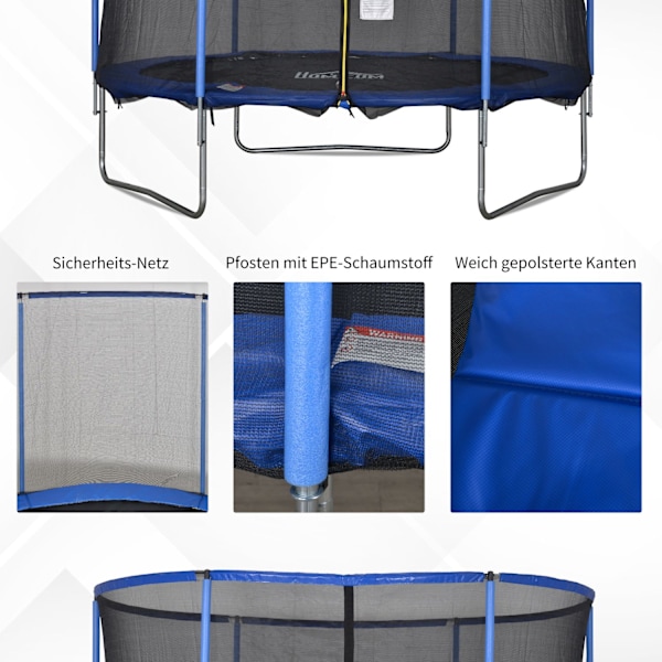 Trampoliini turvaverkolla, puutarhatrampoliini sisä- ja ulkokäyttöön, fitness trampoliini, sininen + musta, jopa 113,6 kg, Ø305 x 248H cm