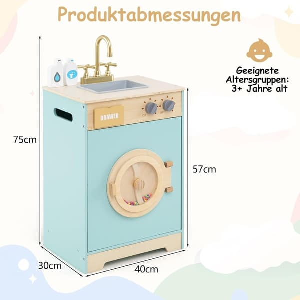 Trælegetøjsvaskemaskine med vaskemiddel, vask og tilbehør