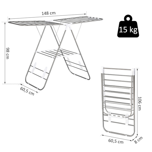 Tøj Airer Foldbar Bærbar Vingetørrer Teleskopstænger Rustfrit Stål Plast Sølv + Hvid 146X60.5X98Cm