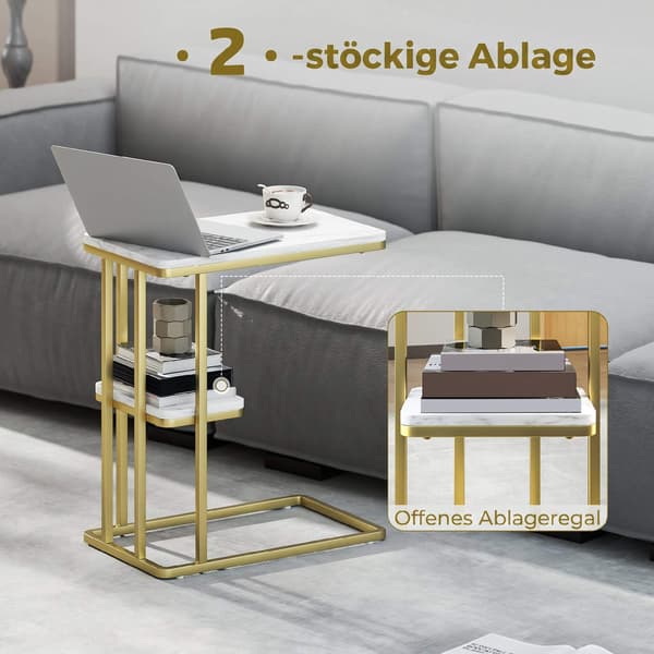 C-format sidobord med förvaring, marmorlook, guldram