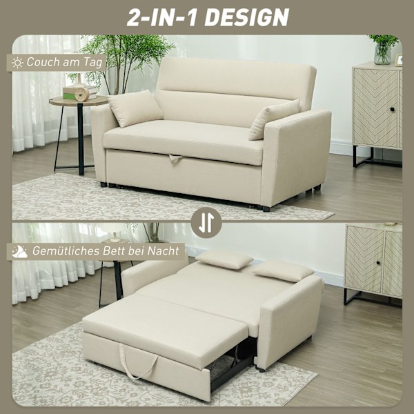 Bäddsoffa, 2-sits soffa med sovfunktion, justerbart ryggstöd, soffa med kuddar, sammetslook, bäddsoffa med bäddbox för vardagsrum, gästrum, beige