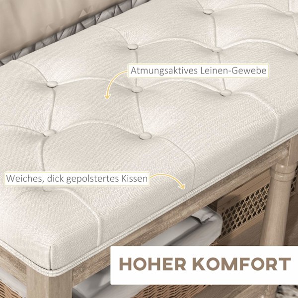 Skobænk Sæde Skostativ Opbevaringsplads Polstret Linnedlook Træben Stue Gang Creme 115X40X48Cm