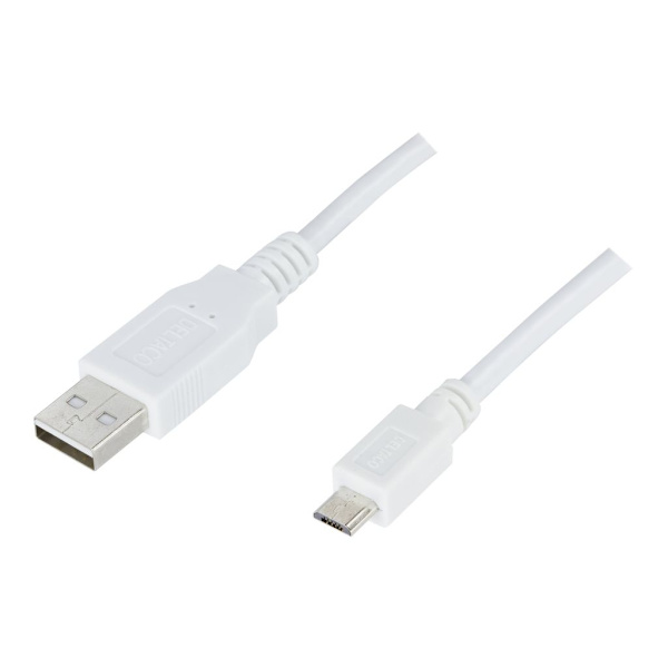 USB 2.0-kabel Typ A ha - Typ Micro B ha, 5-stift, för laddning/dataöverföring till mobiltelefoner/PDA, 3m, Vit