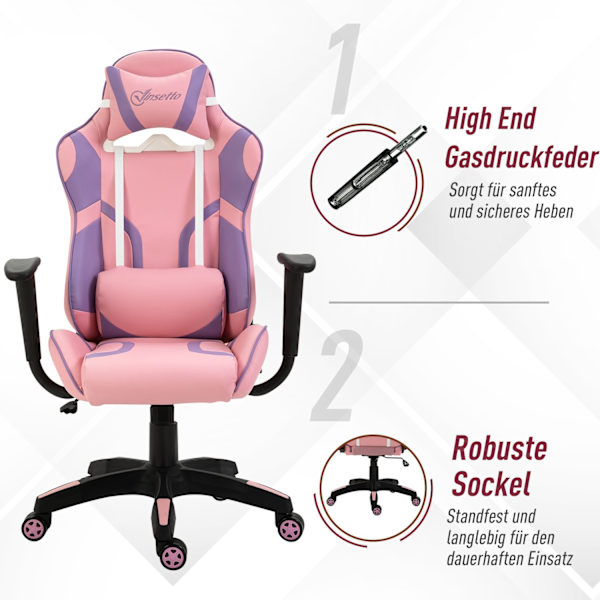 Gaming Chair Ergonominen Työtuoli, Kääntötuoli, Säädettävä Hieronta Lannetyyny, Korkeussäädettävä, Vaaleanpunainen & Purppura, 69X56X125,5Cm