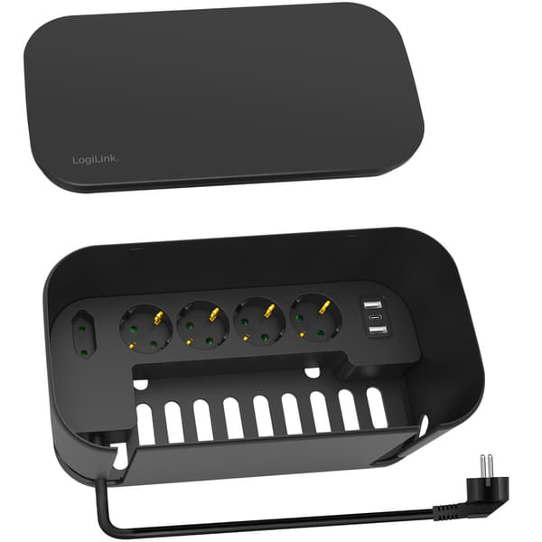 Kabelboks - Kabelskjuler med grenstik + USB-A/USB-C opladning Sort