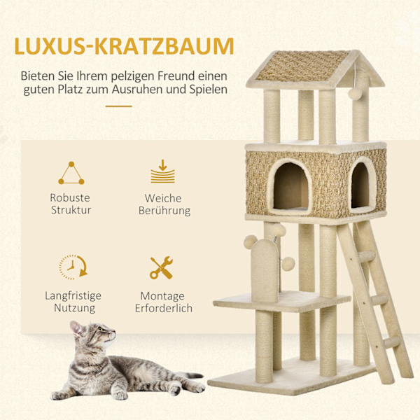 Skrapstolpe Stort Kattträd 130Cm, Med Kattgrotta & Lekbollar, Jutestammar, Khaki + Beige, Spånskiva Plysch