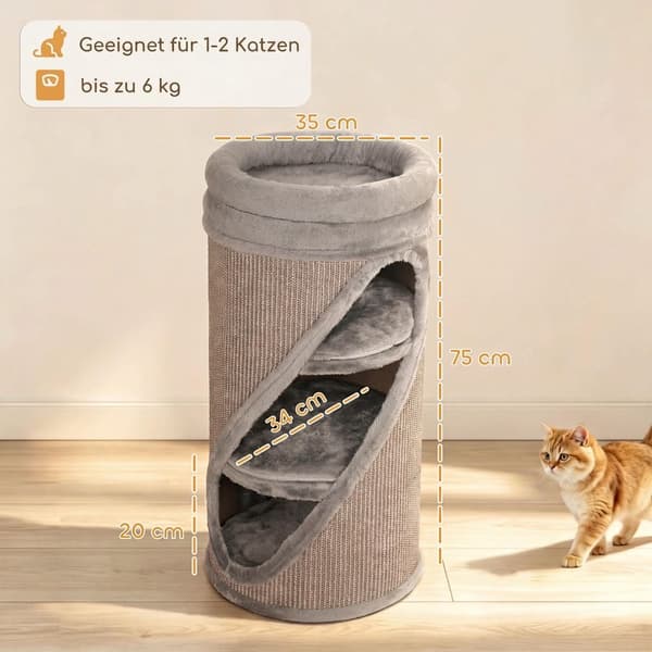 Kradsetønde til katte 75 cm med 3 huler og vaskbar seng, Ø 35 cm, grå