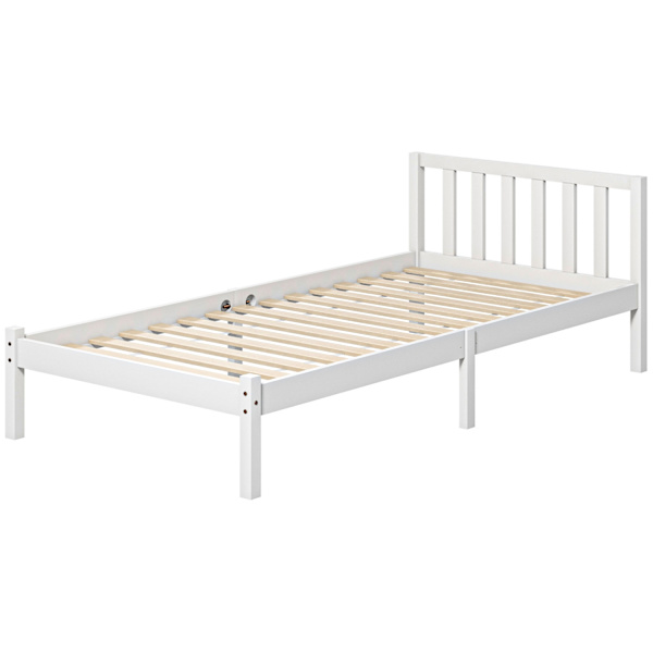 Sengeramme træseng med lamelramme, 208 x 96 cm sengeramme med sengegavl, enkeltsengstel til soveværelse, hvid