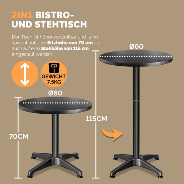 Höjdjusterbart barbord i svart aluminium, 60 cm diameter