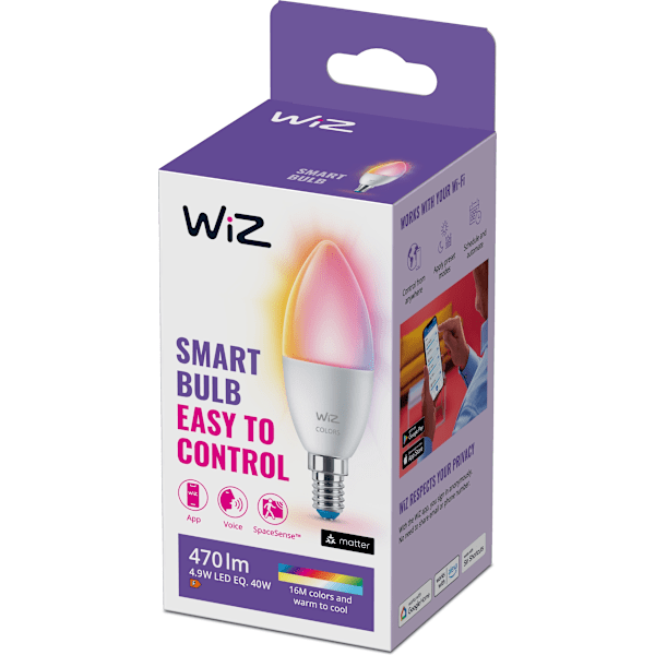 WiZ smart lampe, E14, RGBW - alle farver og nuancer af hvidt lys, Wi-Fi, 470 lm