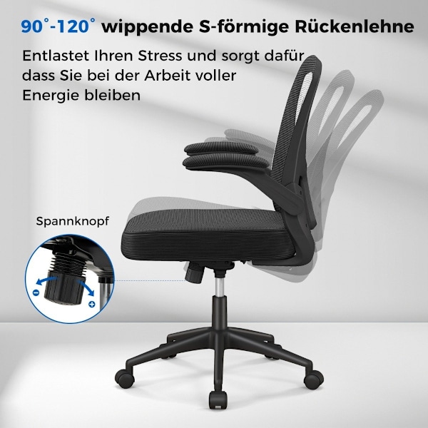 Ergonomisk kontorsstol med uppfällbara armstöd & justerbart svankstöd & vippfunktion