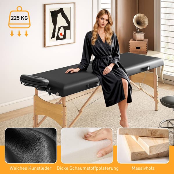 Højdejusterbart massagebriks, træstel, foldbar massageseng, skumpolstring, sort