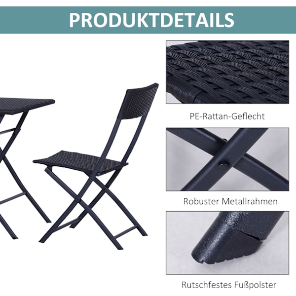 Aurinkoinen Polyrottinkibistrosetti 2 Hengelle, Rottinki Puutarhakalusteet, Musta