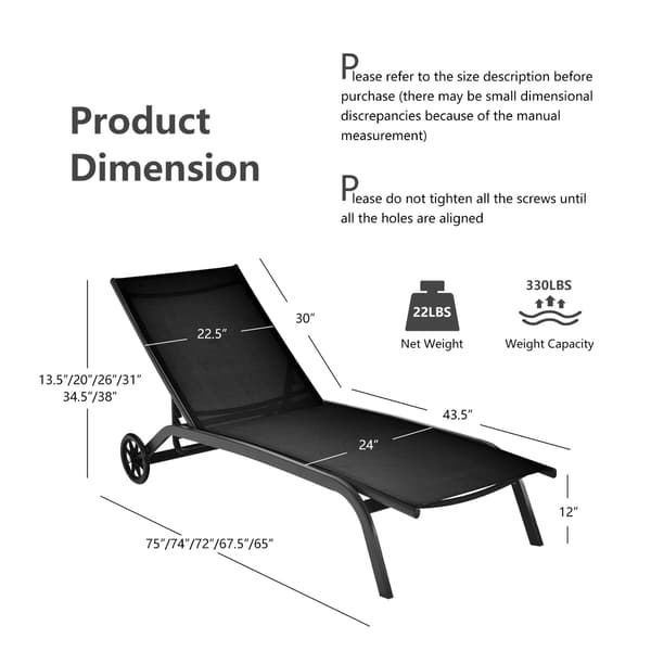 Udendørs chaiselongstol – 6 positioner, hjul, sort
