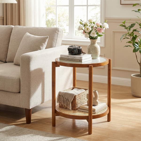 Boho sidebord i 2 niveauer med hærdet glasplade, valnød