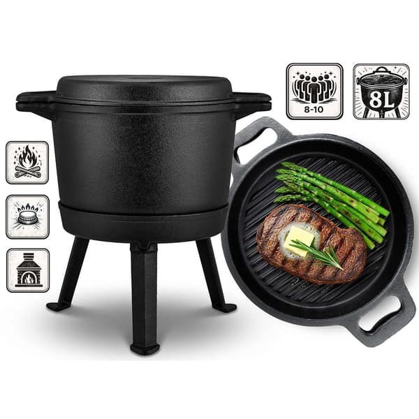 Støbejernsgryde med grillpande, 8L til bål