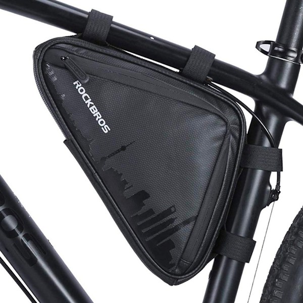 Vandtæt cykeltaske fastgjort til stellet med velcro, sort