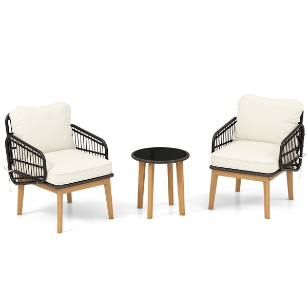 3-delt havemøbelsæt i rattan havesædesæt 2 kurvestole & glas sidebord & puder