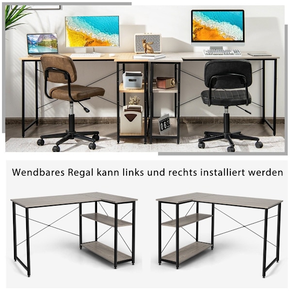 L-formet skrivebord hjørne computerbord med opbevaringsrum kontorbord 120 x 88 x 74,5 cm grå