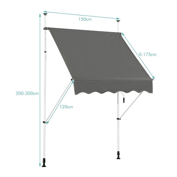 Udtrækbar solafskærmning med håndsving, højdejusterbar markise 150 x 120 cm grå