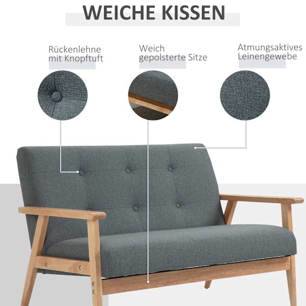 Dobbeltsofabetræk Loveseat, Kompakt Design, 2 Pers., Stofsofa, 2 Pers., Linned Og Gummitræ, Grå, 115X66,5X73Cm