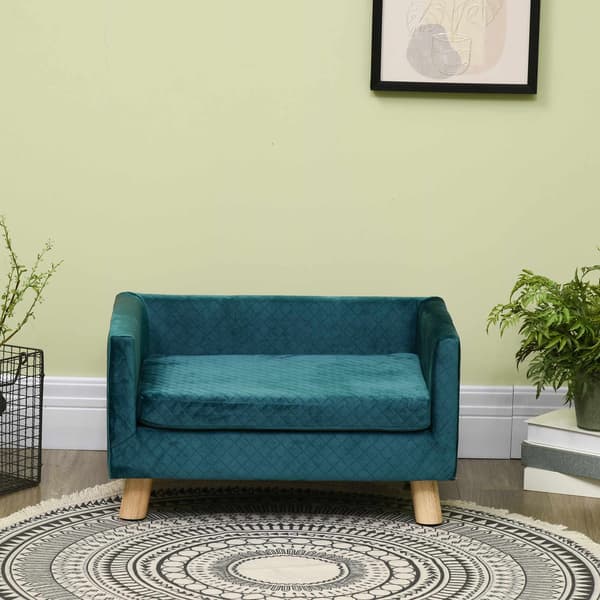 Sammetsbäddsoffa för husdjur med ryggstöd, blå, 64 x 45 x 36 cm