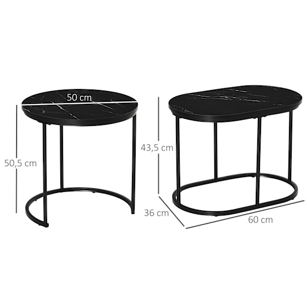 2 Sohvapöydän Setti Pyöreä Soikea Tilauspöytä Sohvapöytä Pinottava Keinomarmorisivulla Jopa 30 Kg Mdf Teräs Musta Ø50 X 50,5H Cm