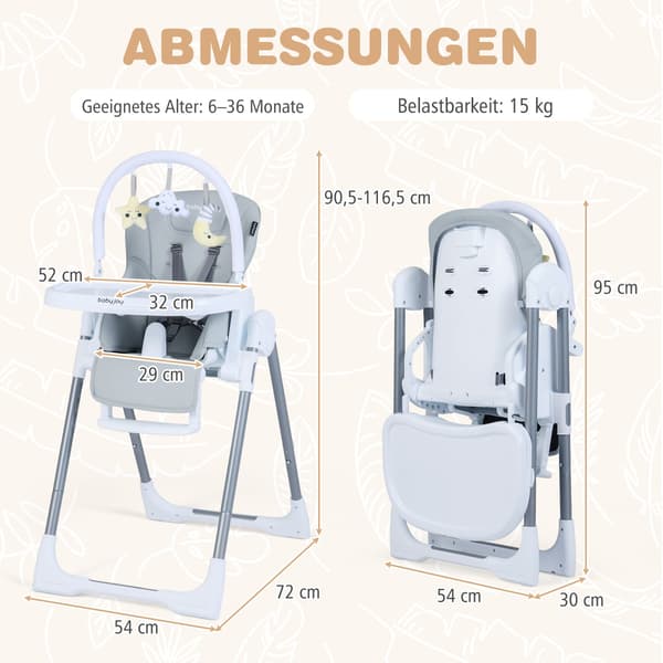 Justerbar højstol til baby, foldbar med bakke, lysegrå