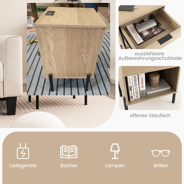 Moderne sengebord med ladestation & skuffe & åbent rum sidebord opbevaringsbord