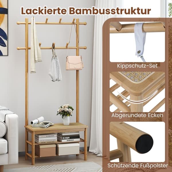 Kapphängare med skobänk, bambu, 2 stänger, 13 krokar