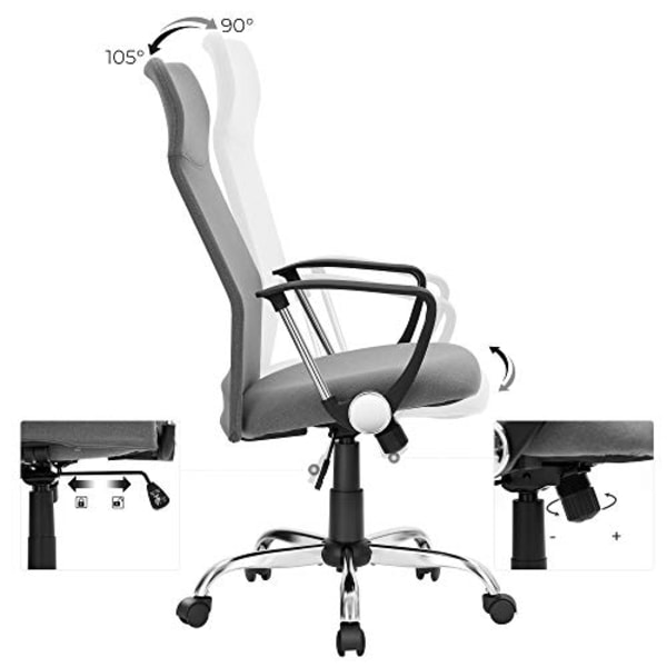 Ergonominen harmaa toimistotuoli, säädettävä korkeus ja kallistus