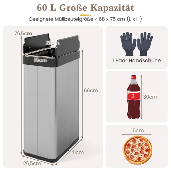 60L papperskorg i rostfritt stål med rörelsesensor