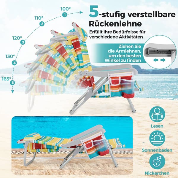 Hopfällbar strandstol med justerbart ryggstöd, blå ränder