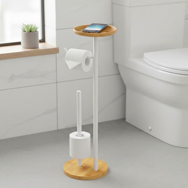 WC-paperiteline hyllyllä, bambu ja metalli