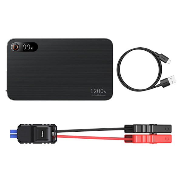 3-i-1 bilstarter Jump Starter 1200A + 7200mAh powerbank + LED lommelygte - sort
