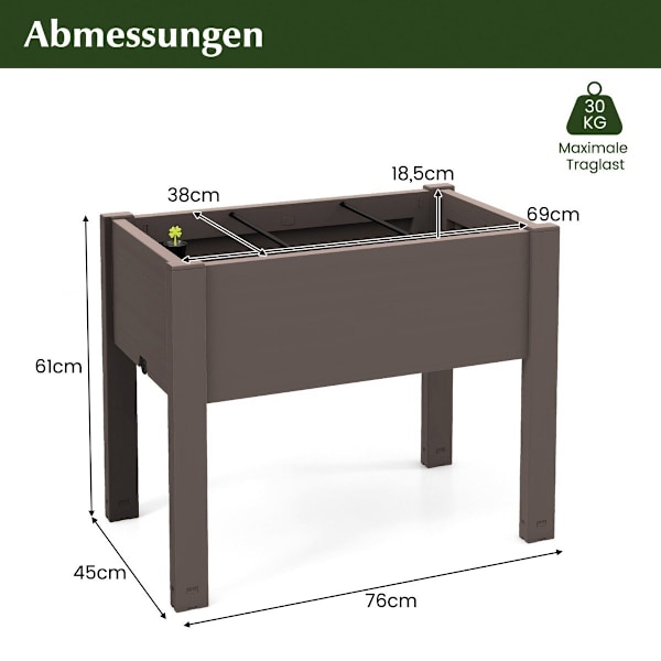 Plast højbed haveseng selvvandende 53L 76 x 45 x 61 cm kaffe
