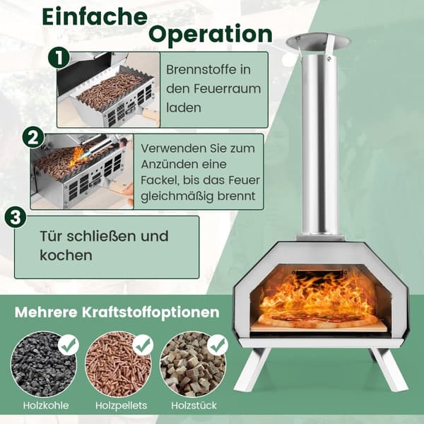 Utomhuspizzaugn med sten, skal och termometer