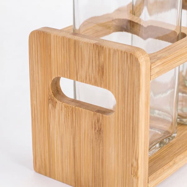 Glasoljeflaskset med bambuhållare – 4-pack