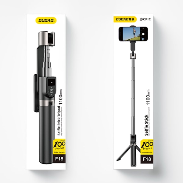 Selfie stick, teleskopisk selfie stick med stativ og BT F18W fjernbetjening, sort