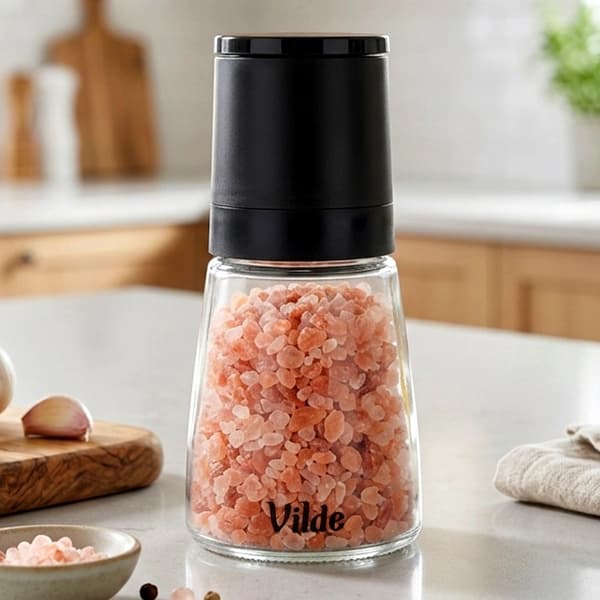 Peber- og saltkværn i glas, 13,5 cm, keramisk mekanisme