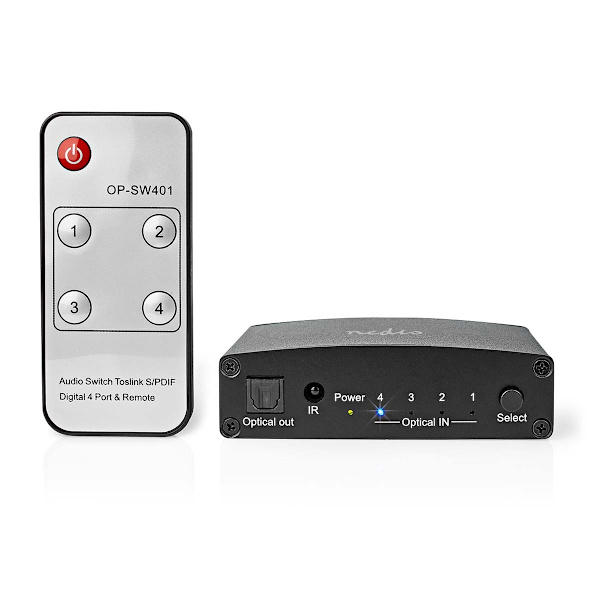 Digital Audio Switch | 4-vejs | Tilslutninger indgang: DC strøm / 4x TosLink | Tilslutninger udgang: TosLink Hun | Fjernbetjening / Manual / Trykknap
