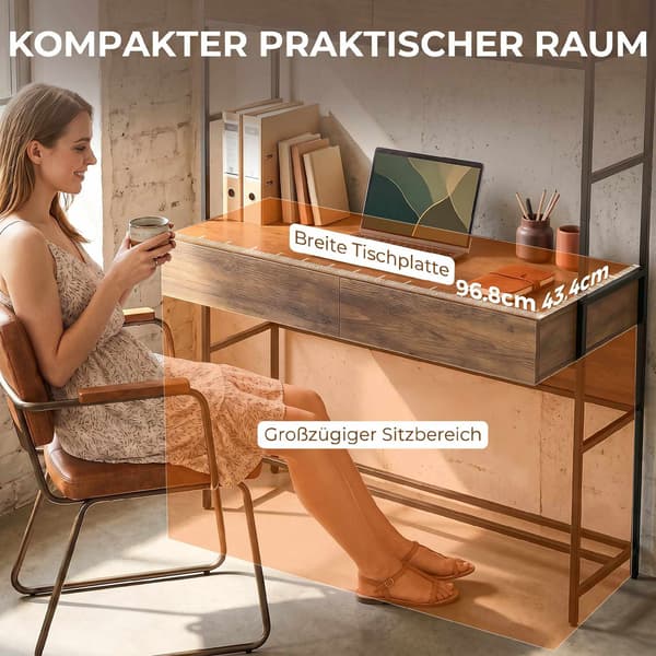 Computerbord med hylder og 2 skuffer, brun, 185 cm