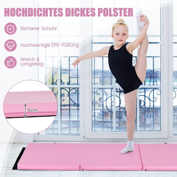 Taitettava pehmeä lattiamatto kahdella kahvalla liukumaton voimistelumatto 180 x 60 x 5 cm pinkki